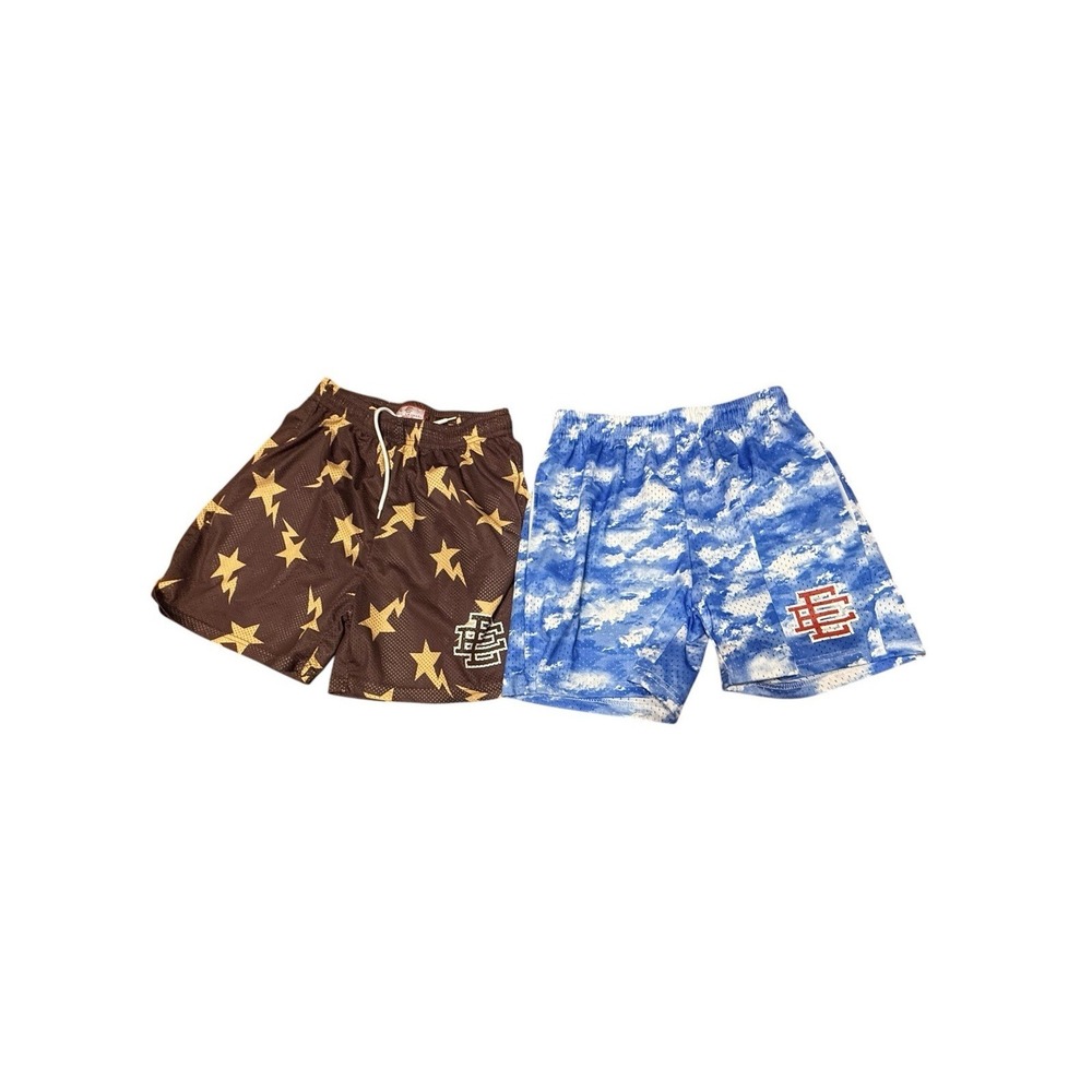 Lot Of 2 Eric Emanuel Shorts Size Medium Brown Star And Blue Cloud Prints
